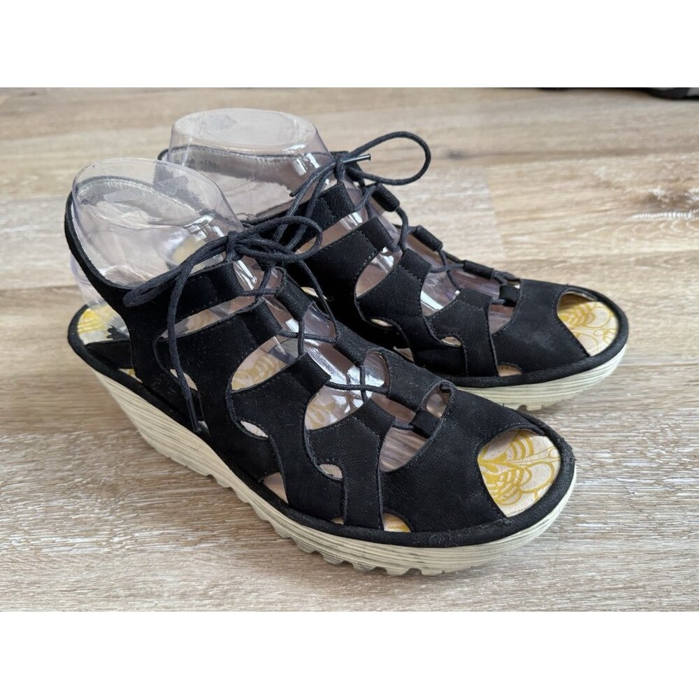 Fly London Women’s 9 Yexa Black Leather Lace Up Gladiator Wedge Sandals Summer